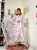 Ivory Pink Floral Barlin Anarkali Pant Set with Dupatta