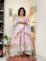 Ivory Pink Floral Barlin Anarkali Pant Set with Dupatta