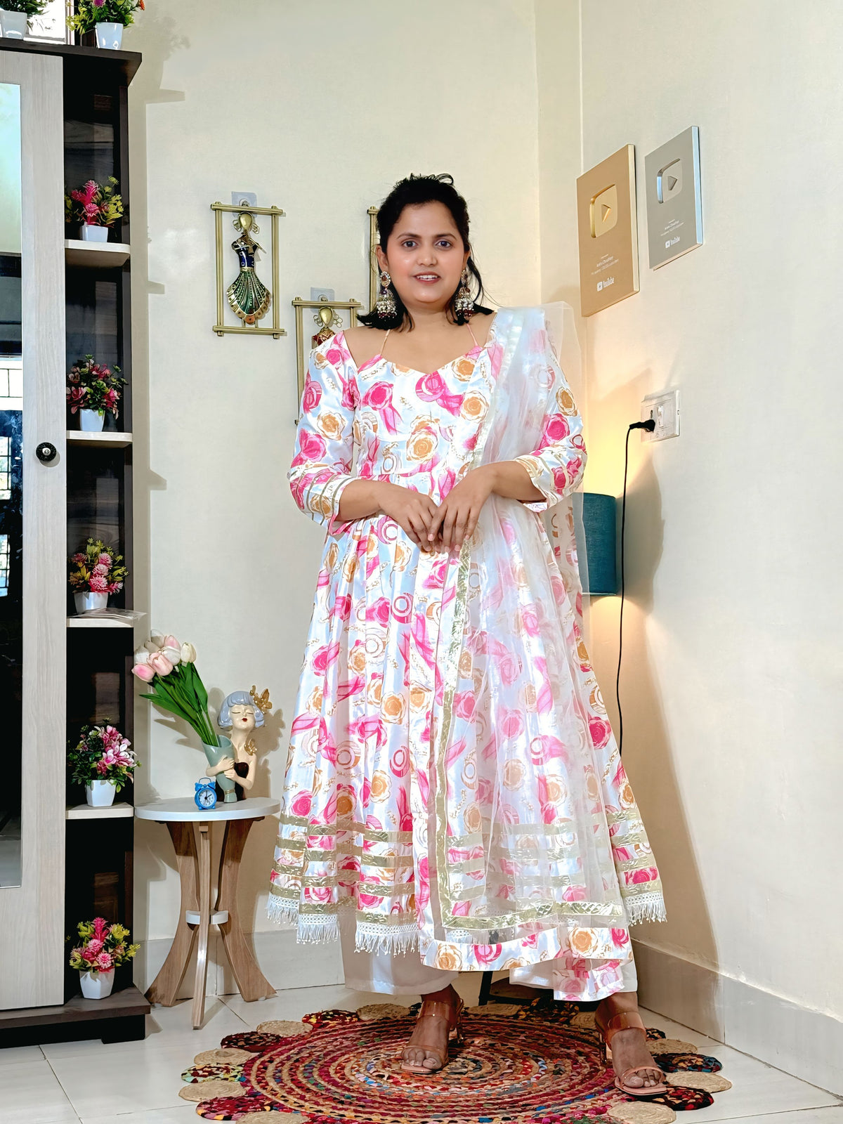 Ivory Pink Floral Barlin Anarkali Pant Set with Dupatta