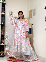 Ivory Pink Floral Barlin Anarkali Pant Set with Dupatta