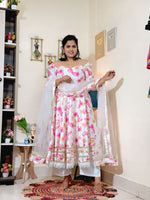 Ivory Pink Floral Barlin Anarkali Pant Set with Dupatta
