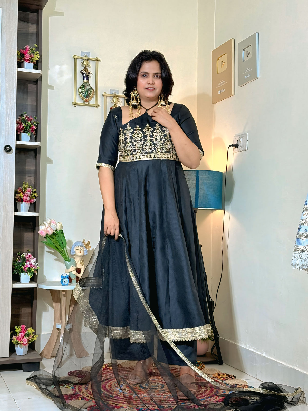 Midnight Black Barlin Embroidered Anarkali Set with Dupatta