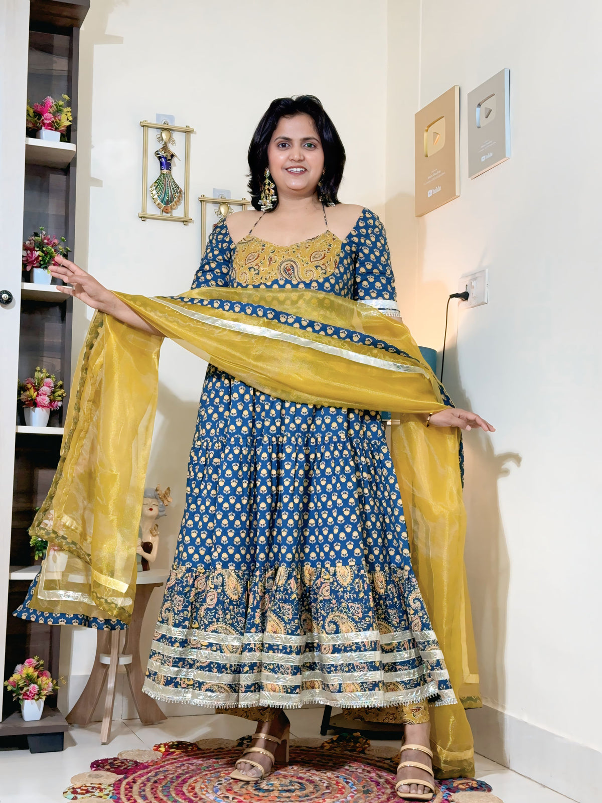 Indigo Mustard Cotton Ajrakh Print Anarkali Set with Dupatta