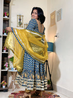 Indigo Mustard Cotton Ajrakh Print Anarkali Set with Dupatta