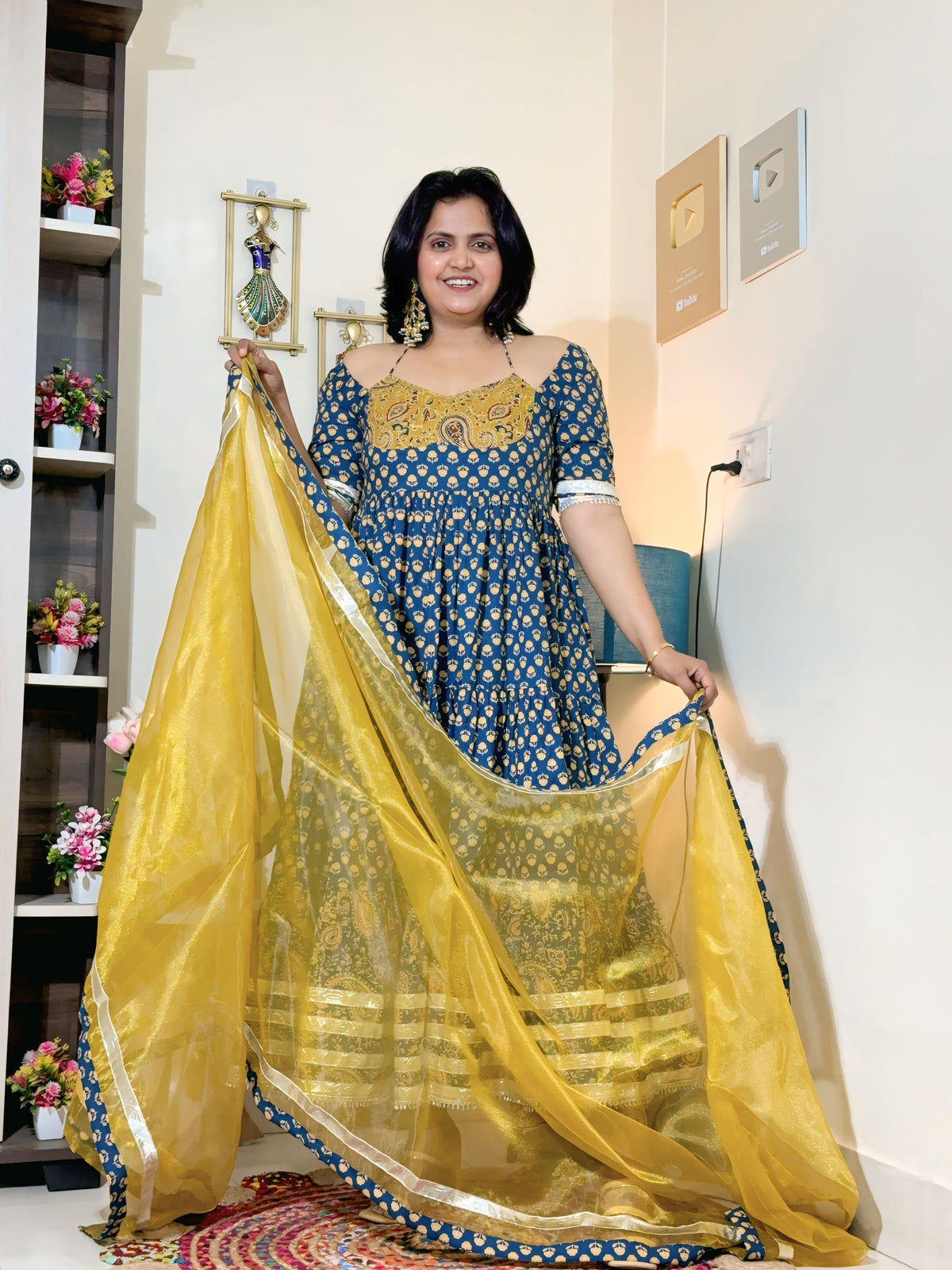 Indigo Mustard Cotton Ajrakh Print Anarkali Set with Dupatta