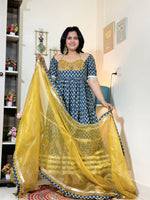 Indigo Mustard Cotton Ajrakh Print Anarkali Set with Dupatta