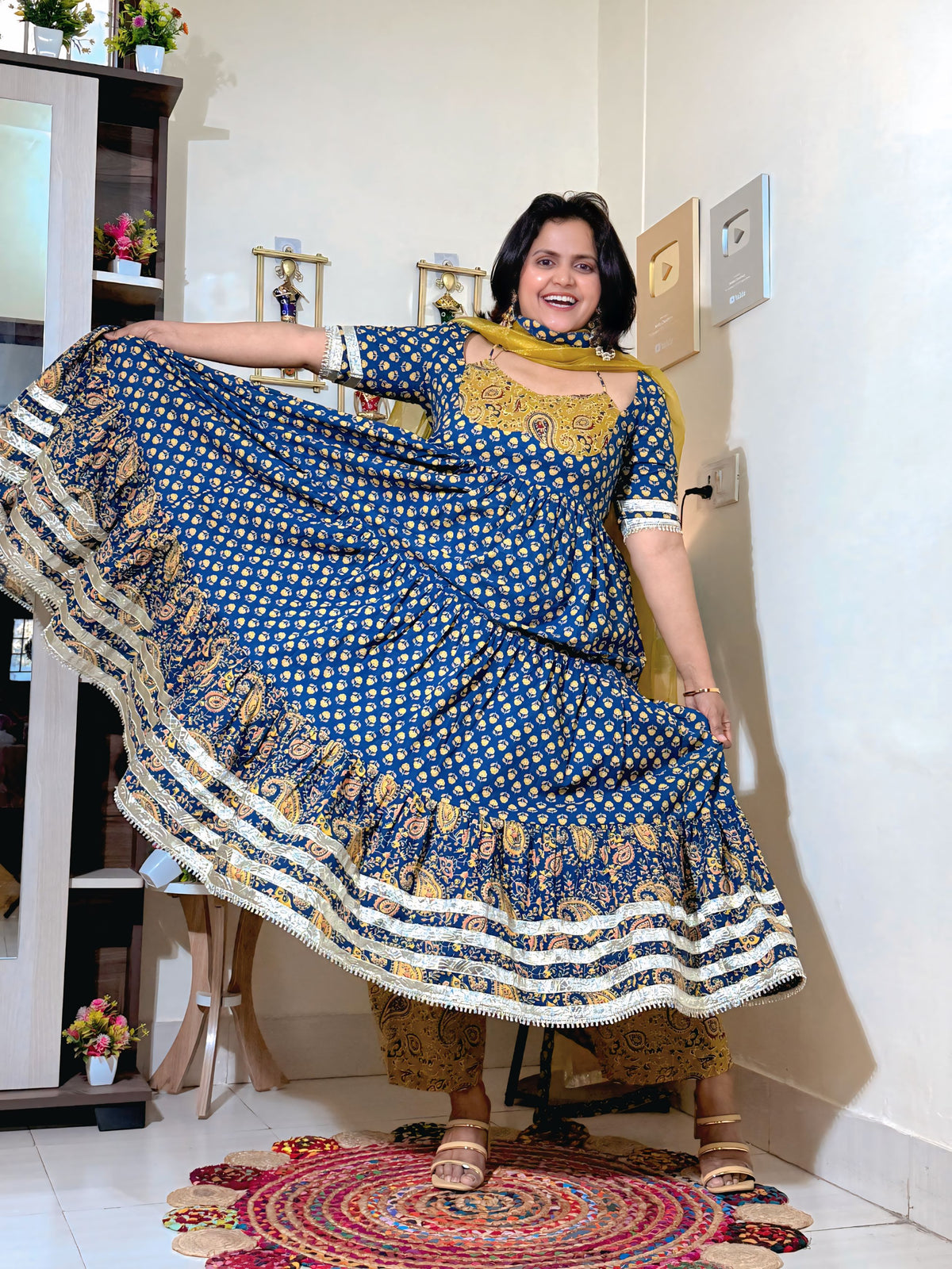 Indigo Mustard Cotton Ajrakh Print Anarkali Set with Dupatta