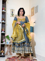 Indigo Mustard Cotton Ajrakh Print Anarkali Set with Dupatta