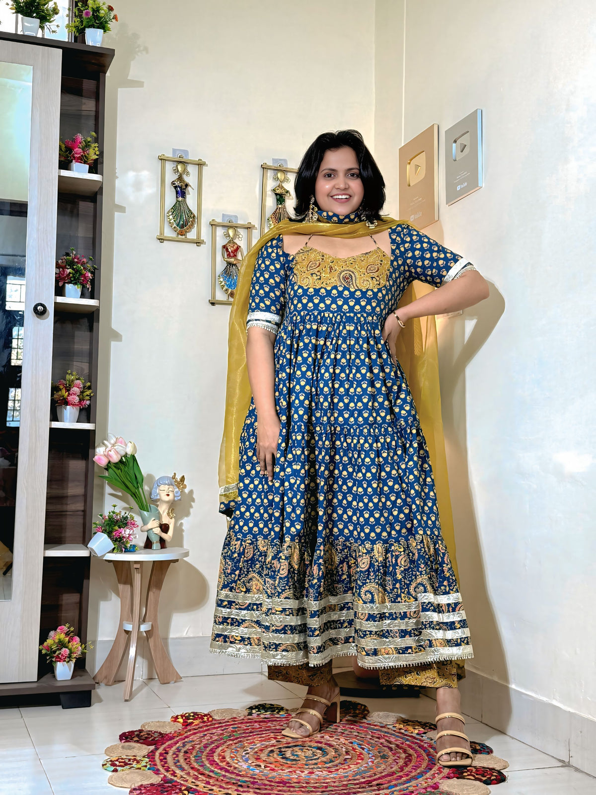 Indigo Mustard Cotton Ajrakh Print Anarkali Set with Dupatta