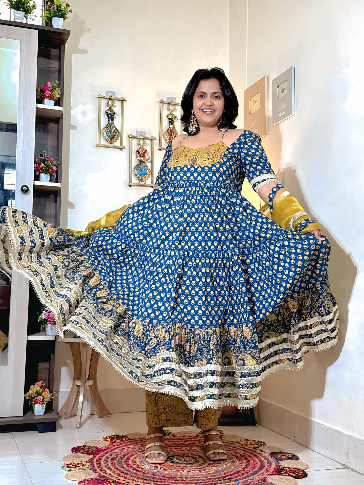 Indigo Mustard Cotton Ajrakh Print Anarkali Set with Dupatta