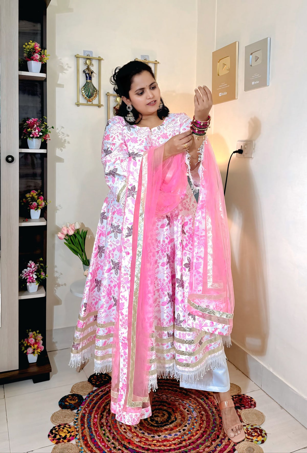 Blush Pink Vertigan Foil Print Anarkali Pant Set with Dupatta