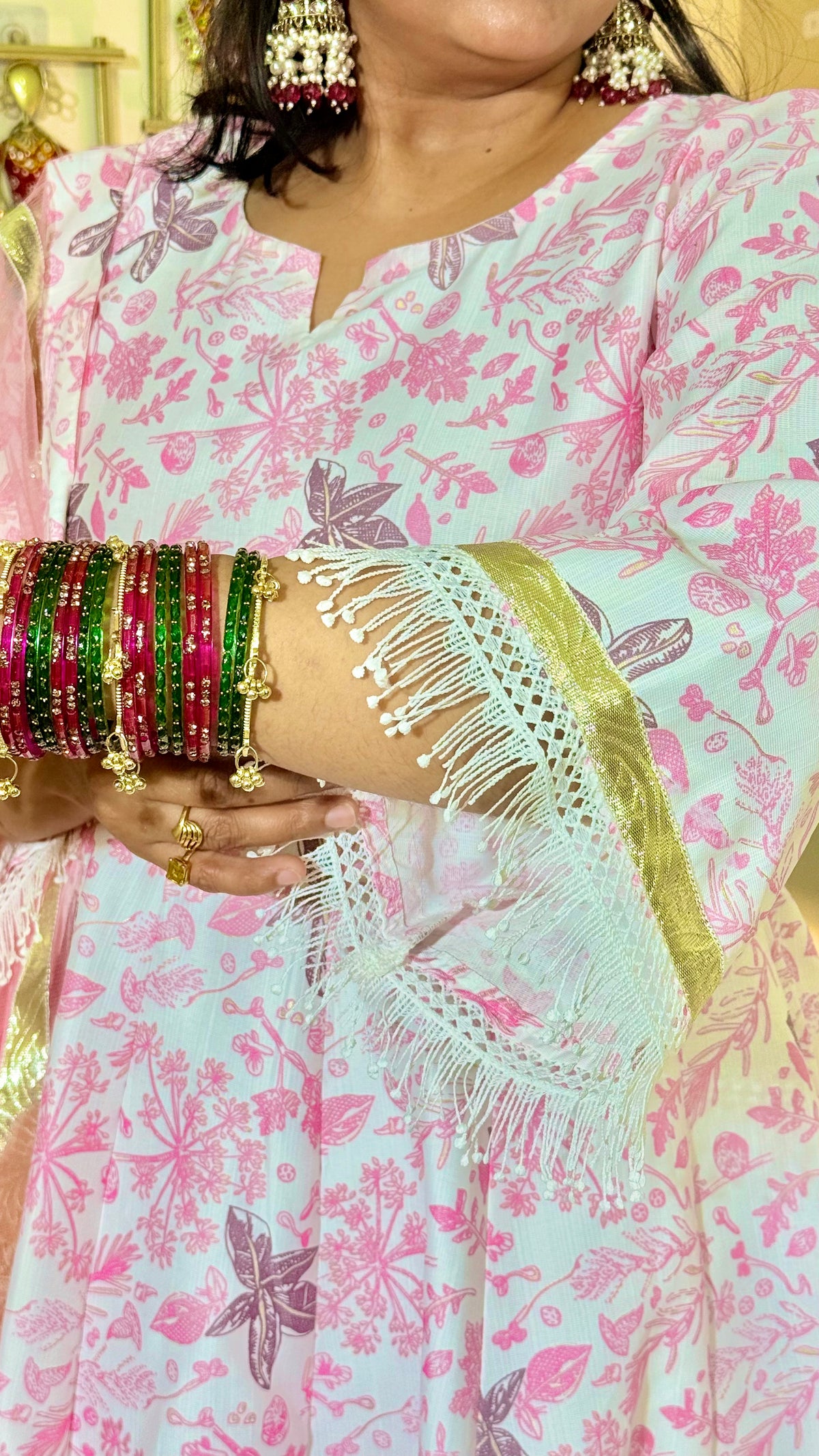 Blush Pink Vertigan Foil Print Anarkali Pant Set with Dupatta