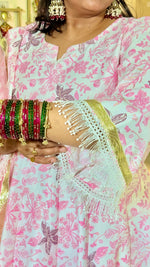 Blush Pink Vertigan Foil Print Anarkali Pant Set with Dupatta