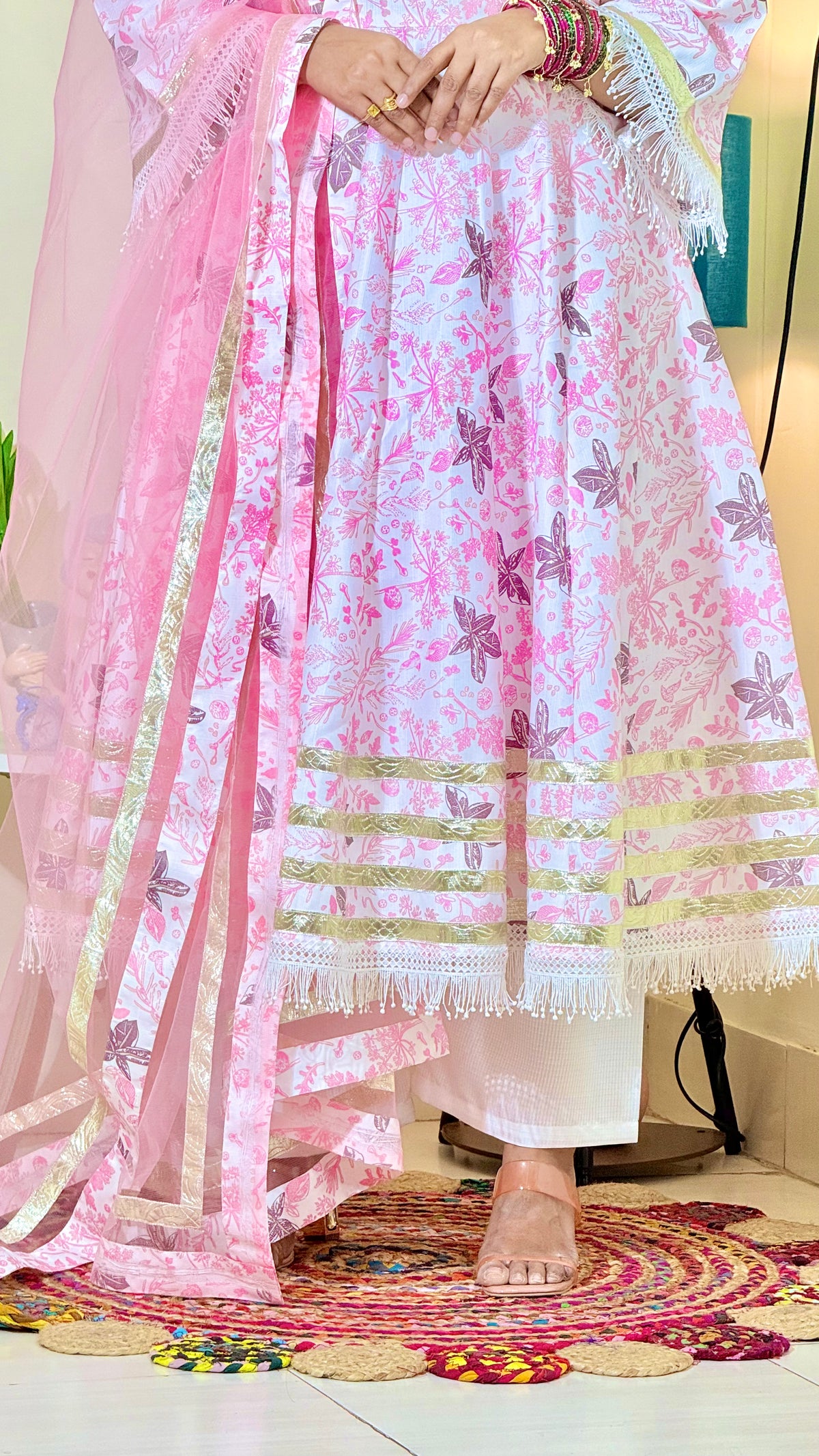 Blush Pink Vertigan Foil Print Anarkali Pant Set with Dupatta