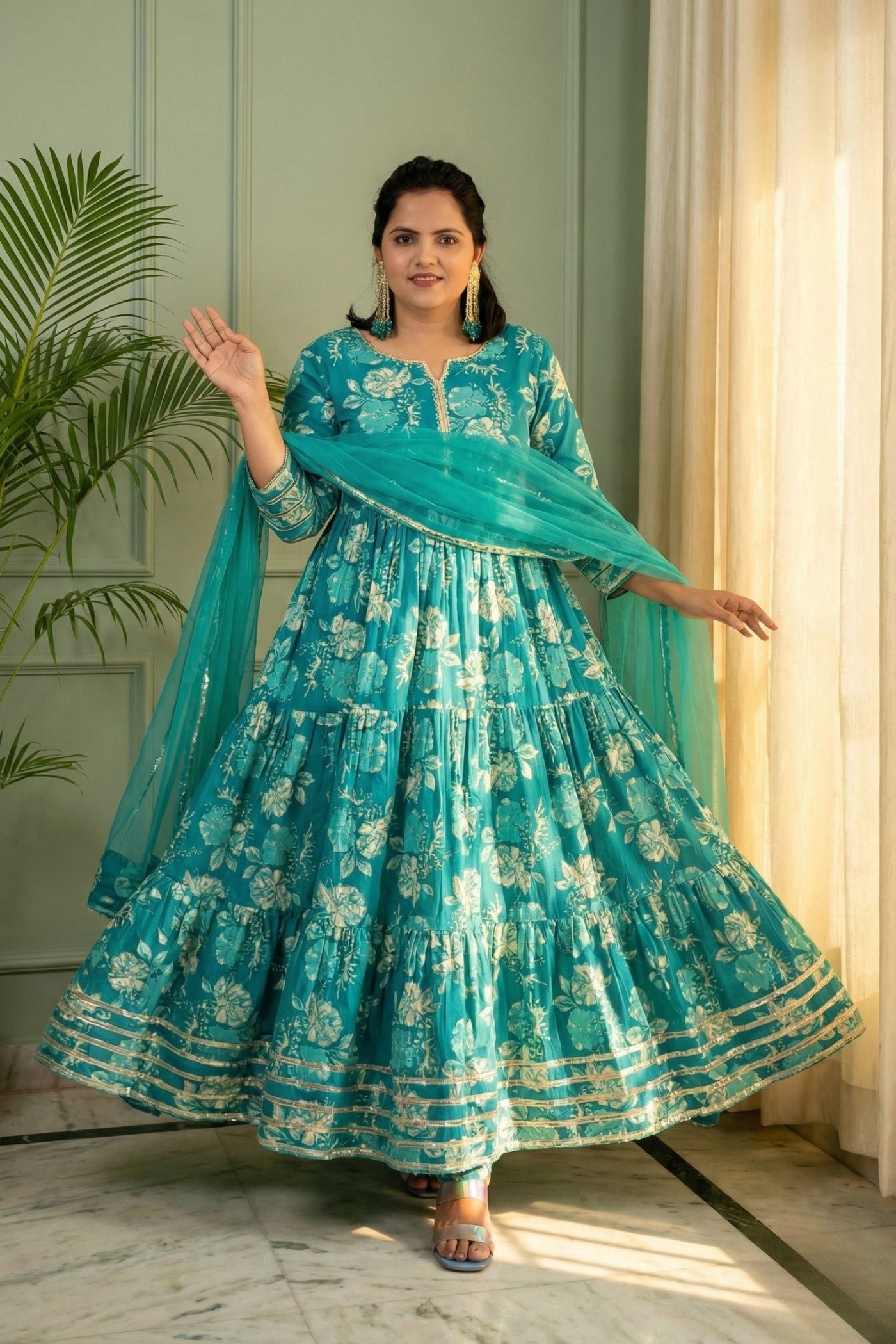 Jharna Teal Floral Tiered Cotton Anarkali Set with Dupatta