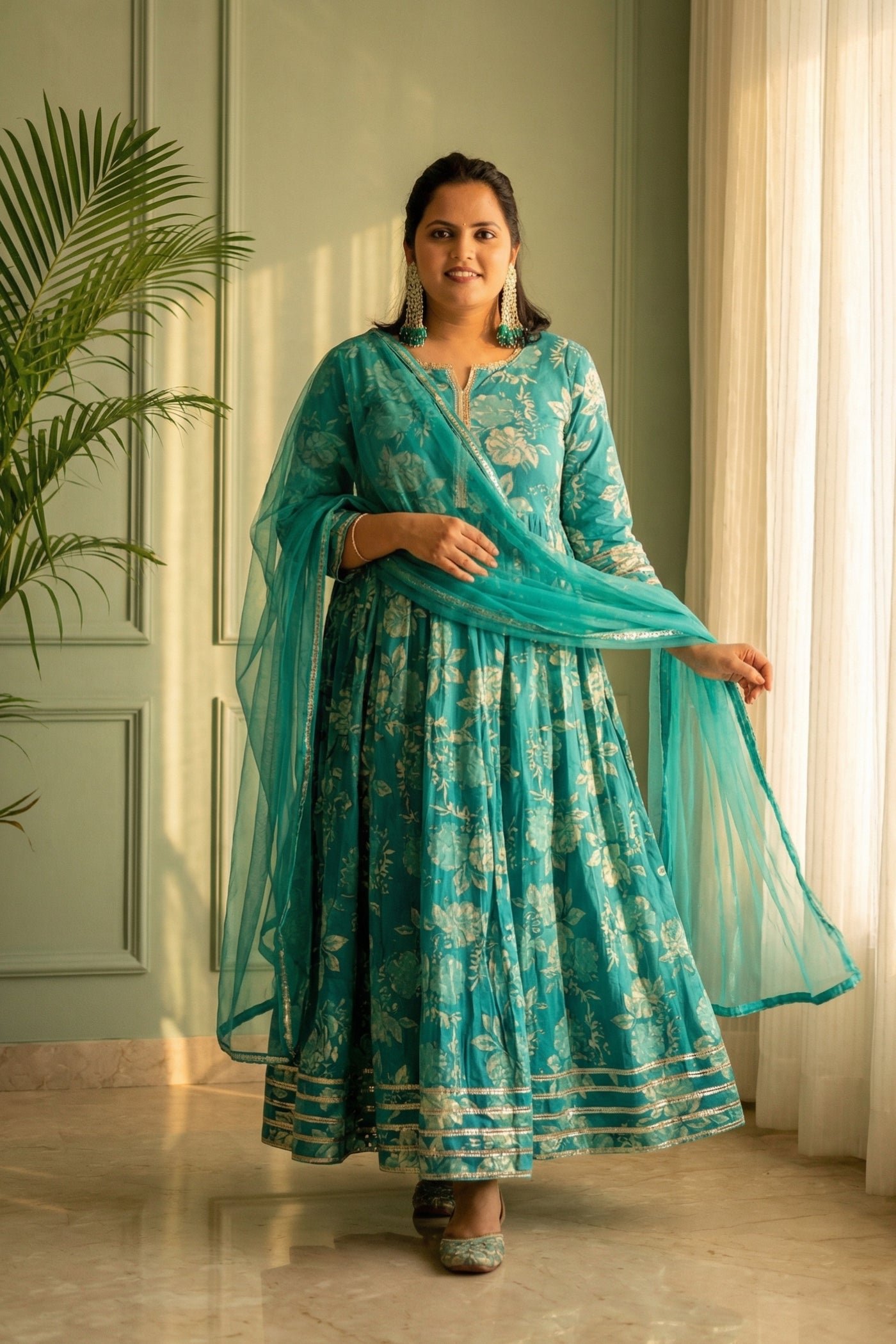 Jharna Teal Floral Tiered Cotton Anarkali Set with Dupatta