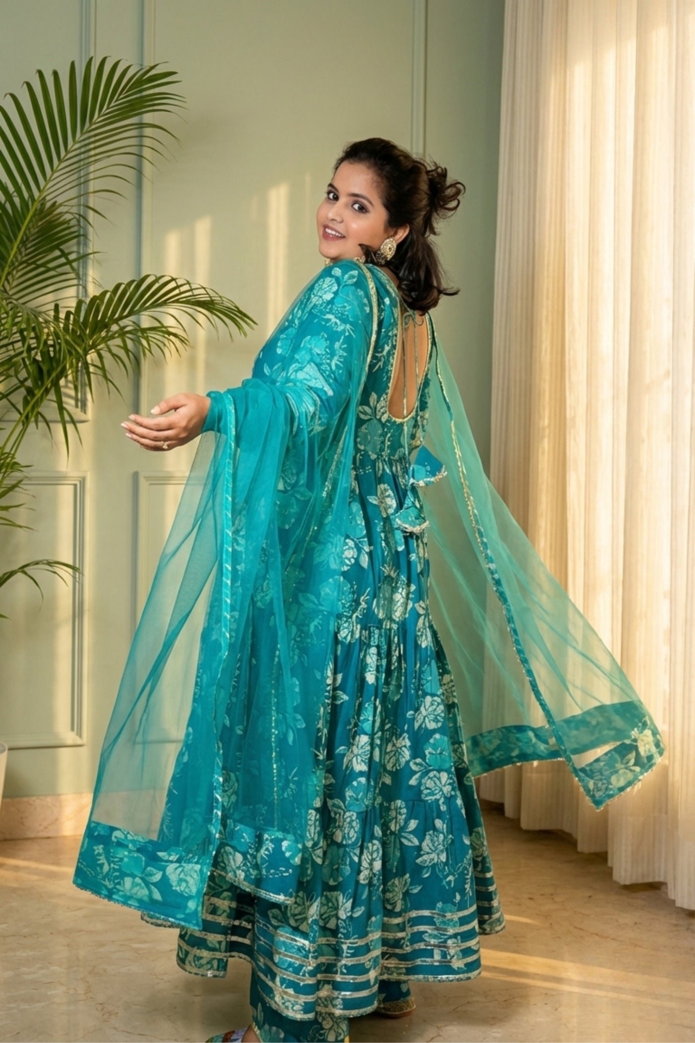 Jharna Teal Floral Tiered Cotton Anarkali Set with Dupatta