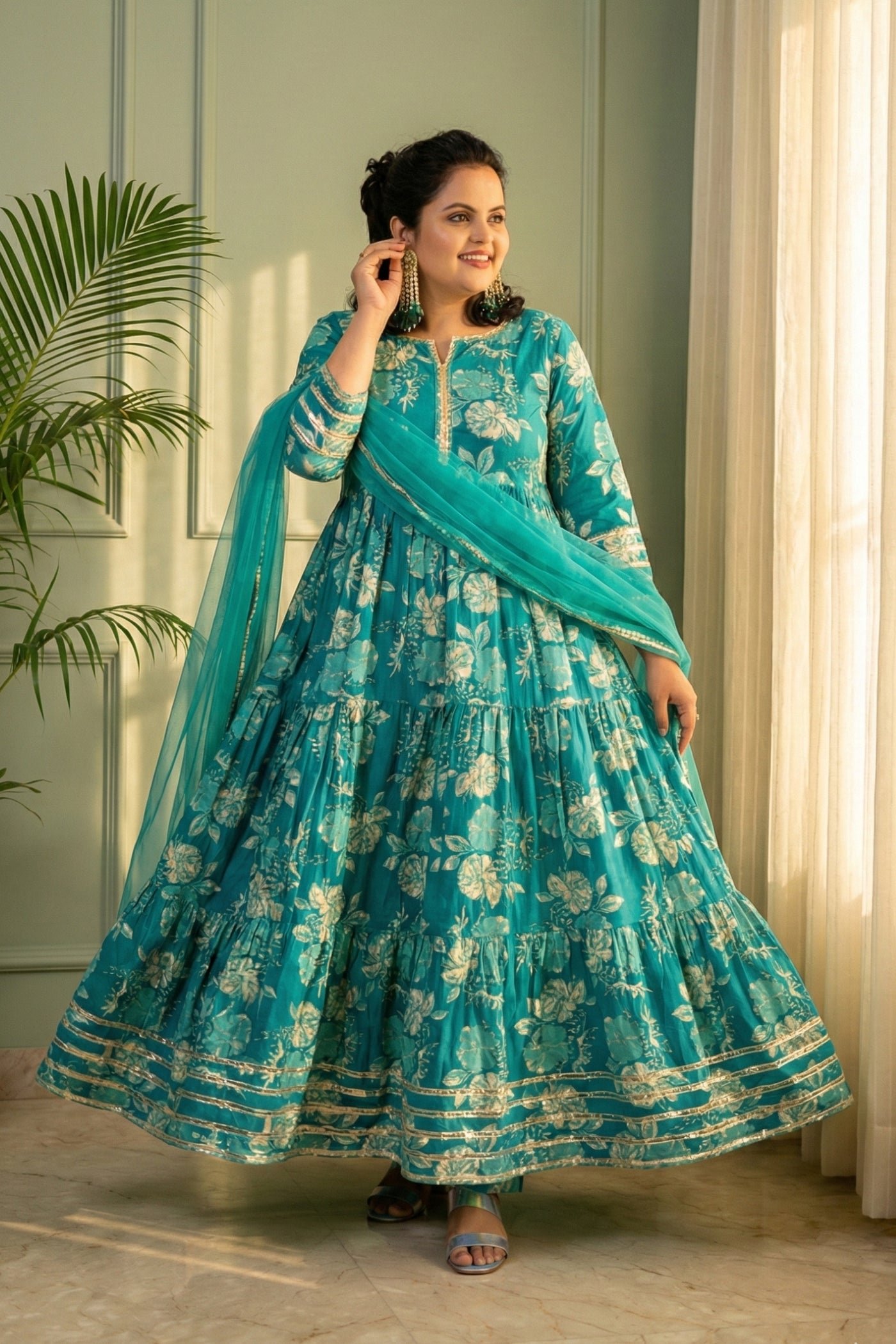 Jharna Teal Floral Tiered Cotton Anarkali Set with Dupatta