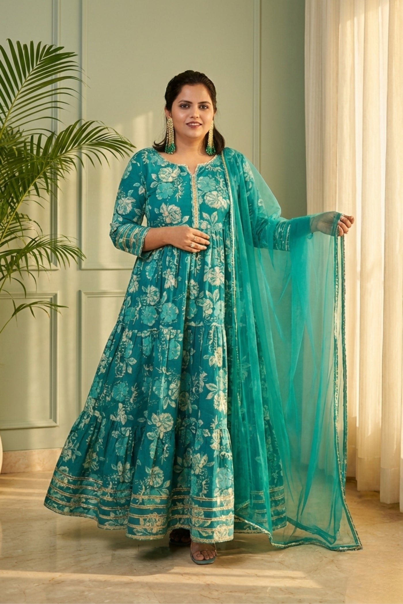 Jharna Teal Floral Tiered Cotton Anarkali Set with Dupatta