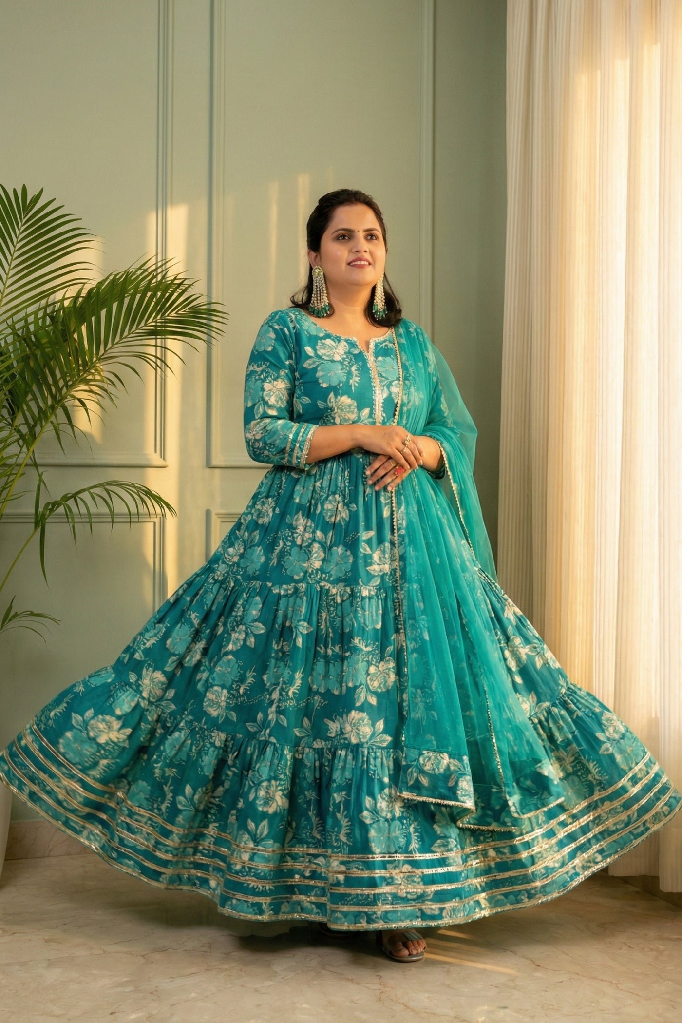 Jharna Teal Floral Tiered Cotton Anarkali Set with Dupatta
