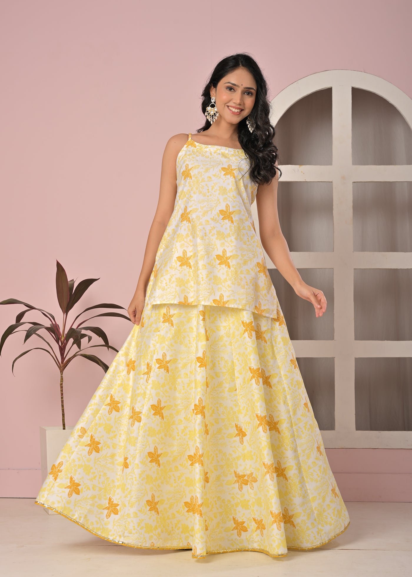 Sunlit Mustard Floral Printed Lehenga Top Set with Soft Net Dupatta