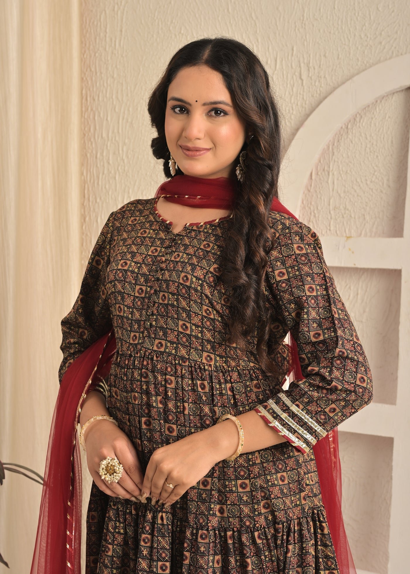 Rust Meal Printed Anarkali Kurta Set with Pant and Dupatta