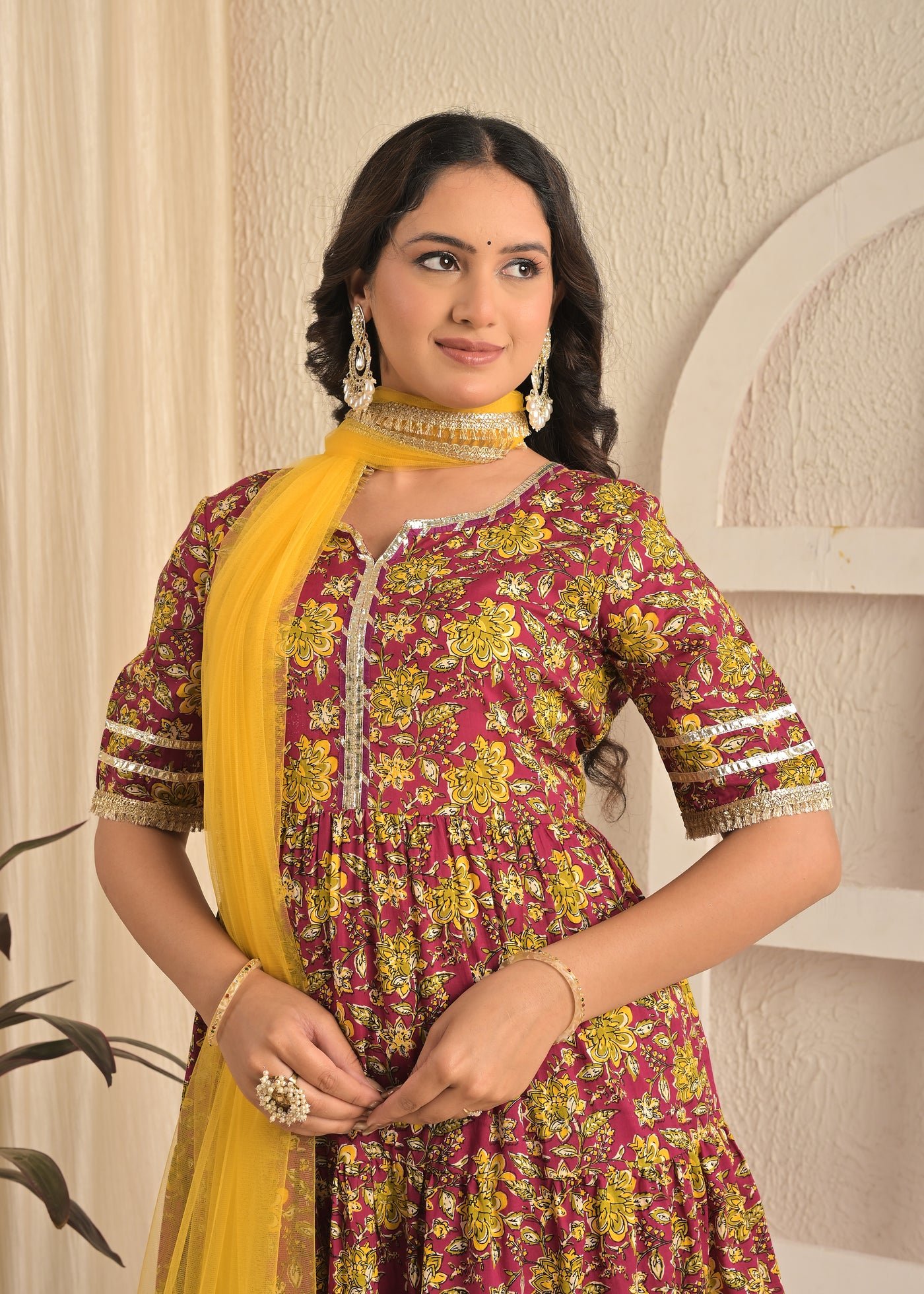 Wine Floral Printed Cotton Anarkali Kurta Set with Pant & Yellow Dupatta
