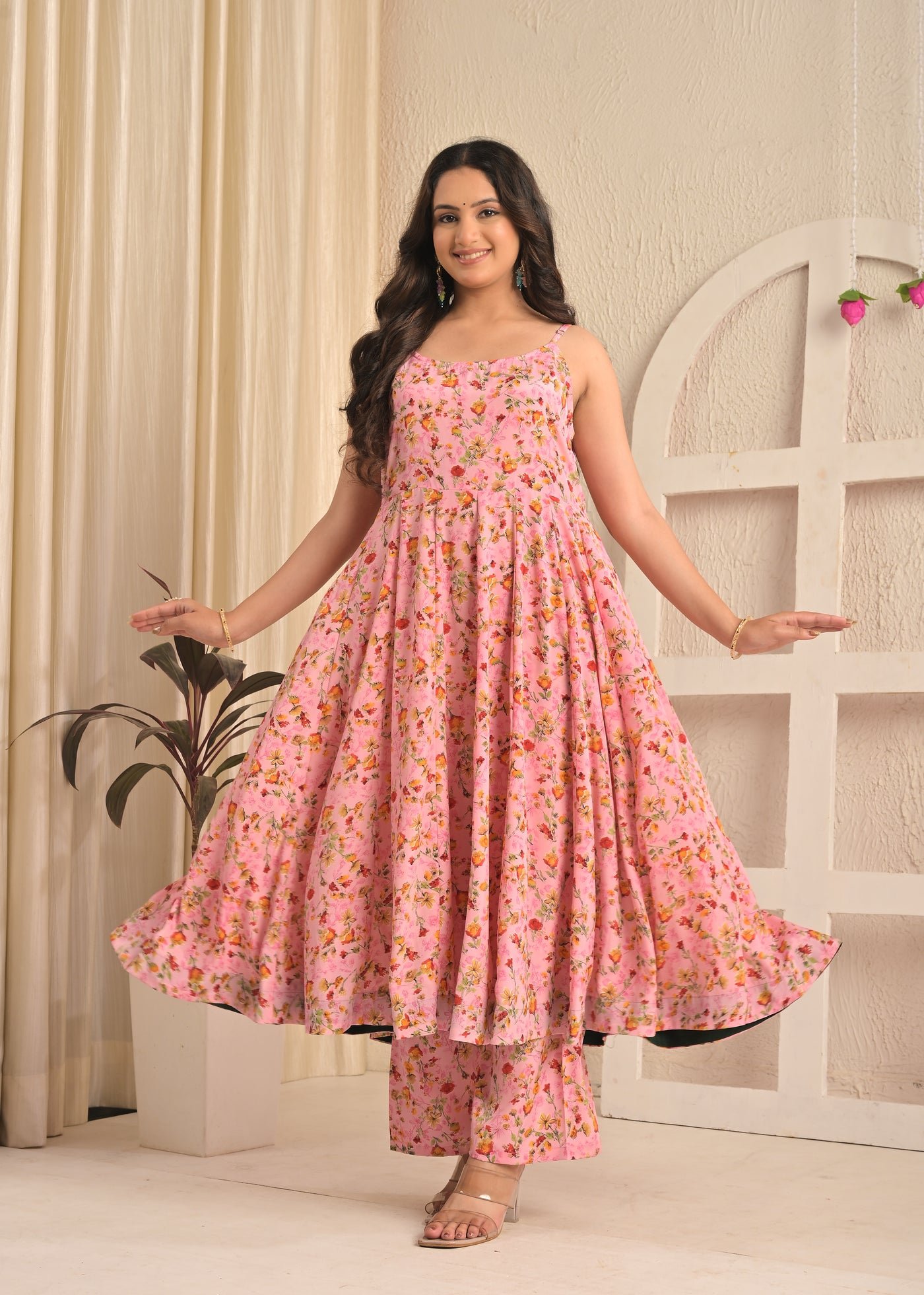 Blush Pink Floral Sleeveless Anarkali Set with Contrasting Red Dupatta