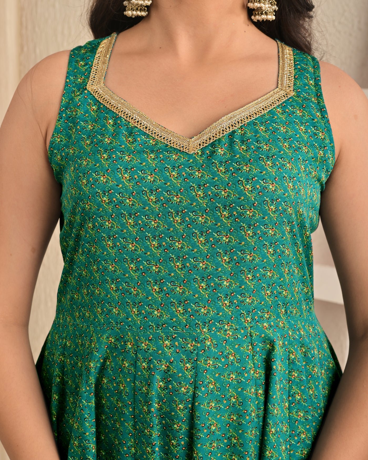 Emerald Green Printed Anarkali Sharara Set with Contrasting Pink Dupatta