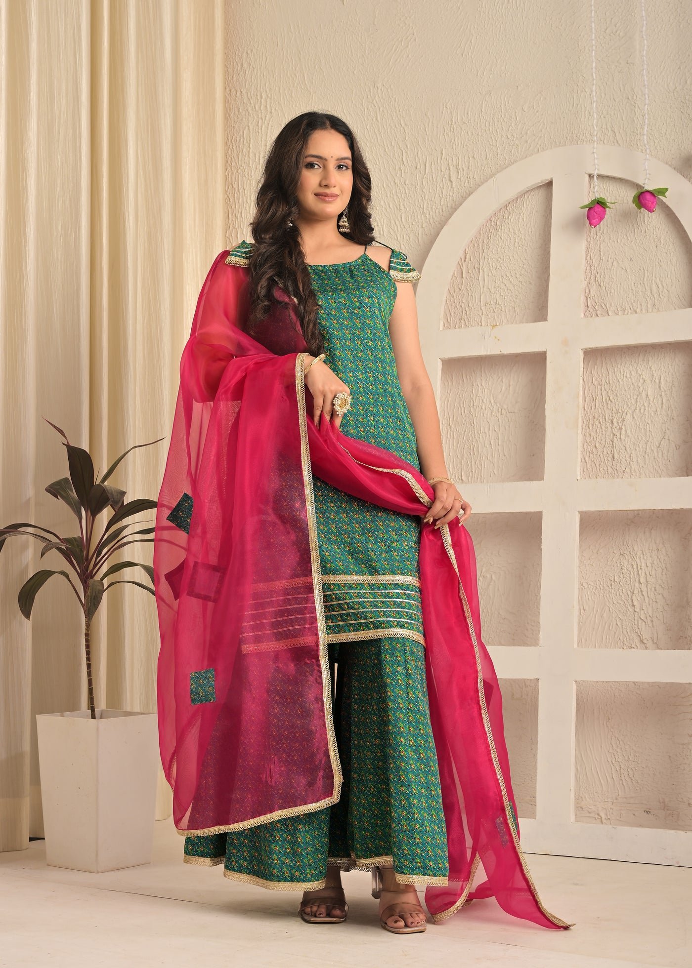 Rama Green Printed Kurta Sharara Set with Contrasting Pink Dupatta