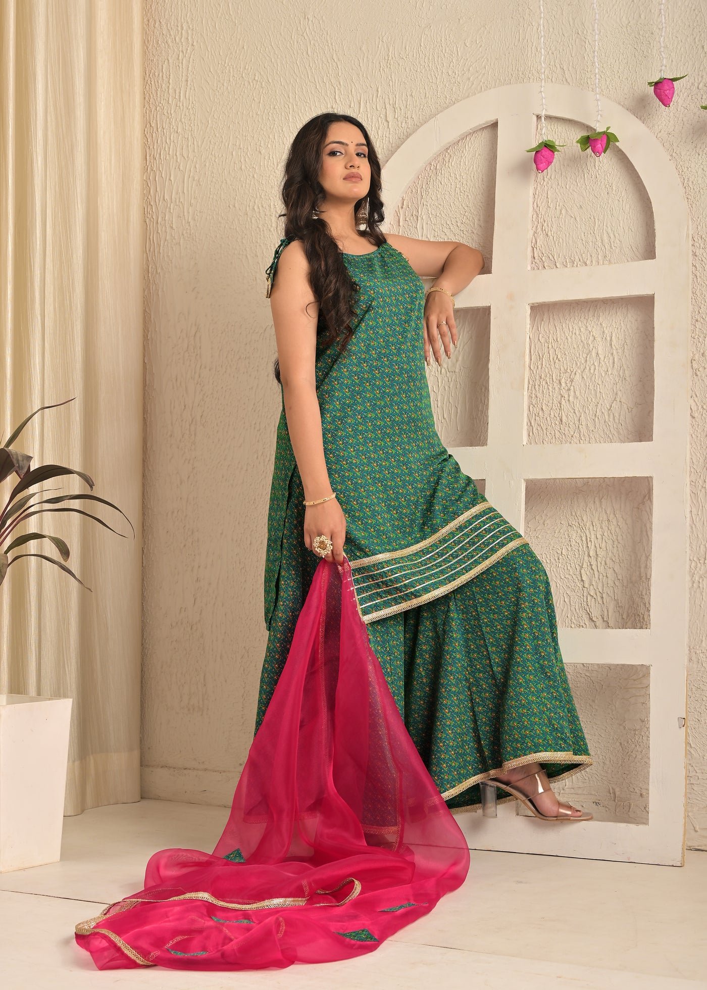 Rama Green Printed Kurta Sharara Set with Contrasting Pink Dupatta