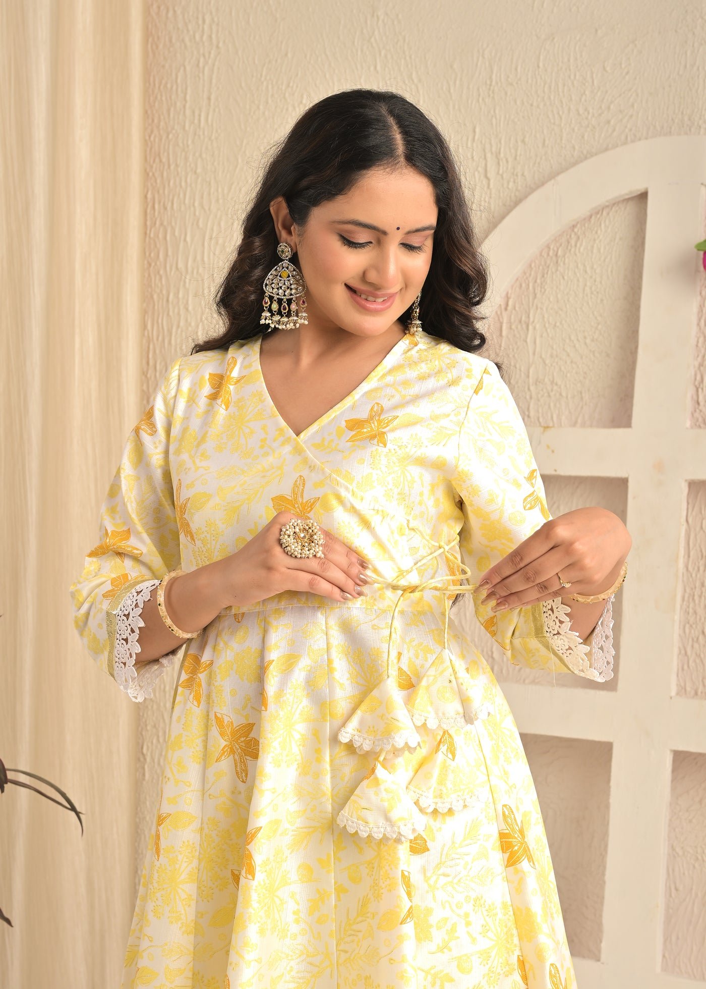 Sunlit Mustard Angrakha Printed Set with Organza Dupatta
