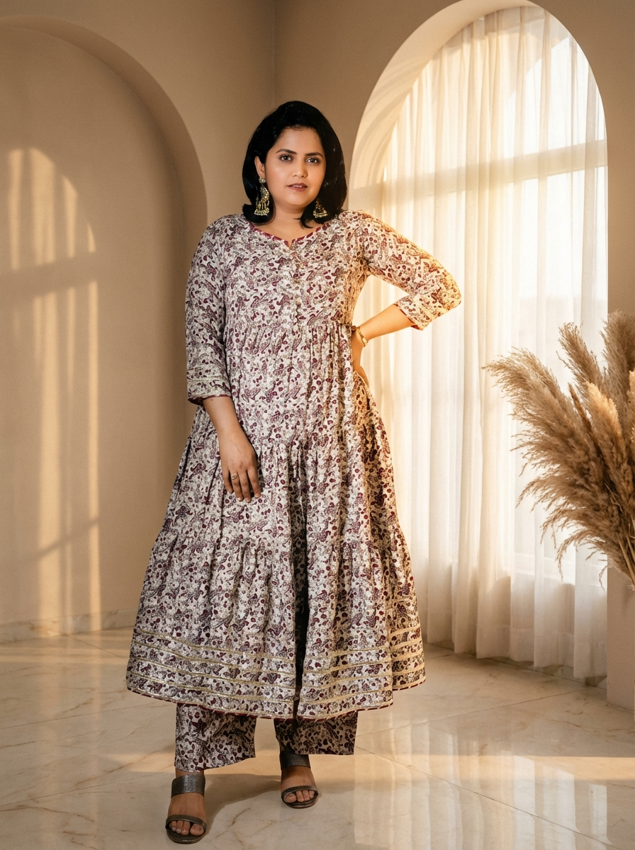 Wine Floral Butter Fabric Anarkali Suit Set with Filloxy Net Dupatta