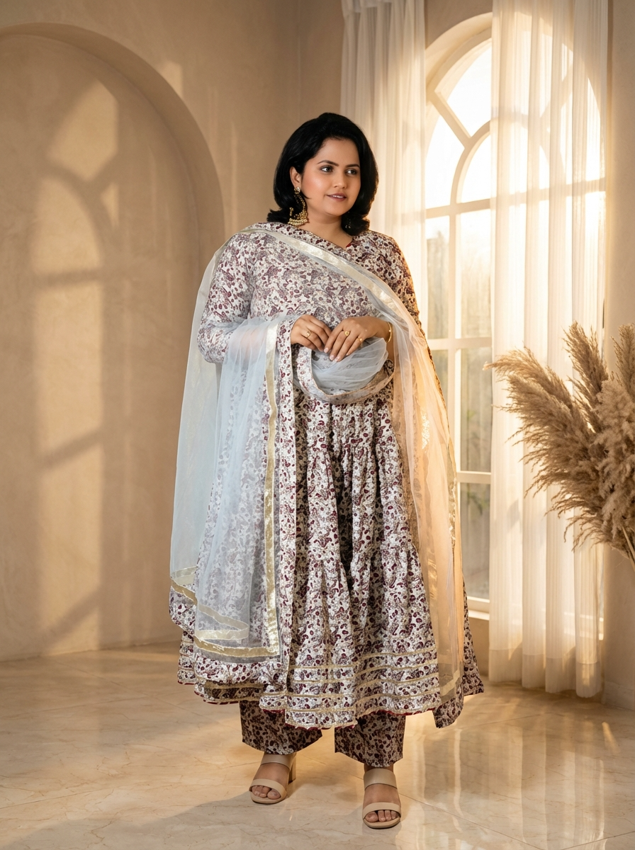 Wine Floral Butter Fabric Anarkali Suit Set with Filloxy Net Dupatta