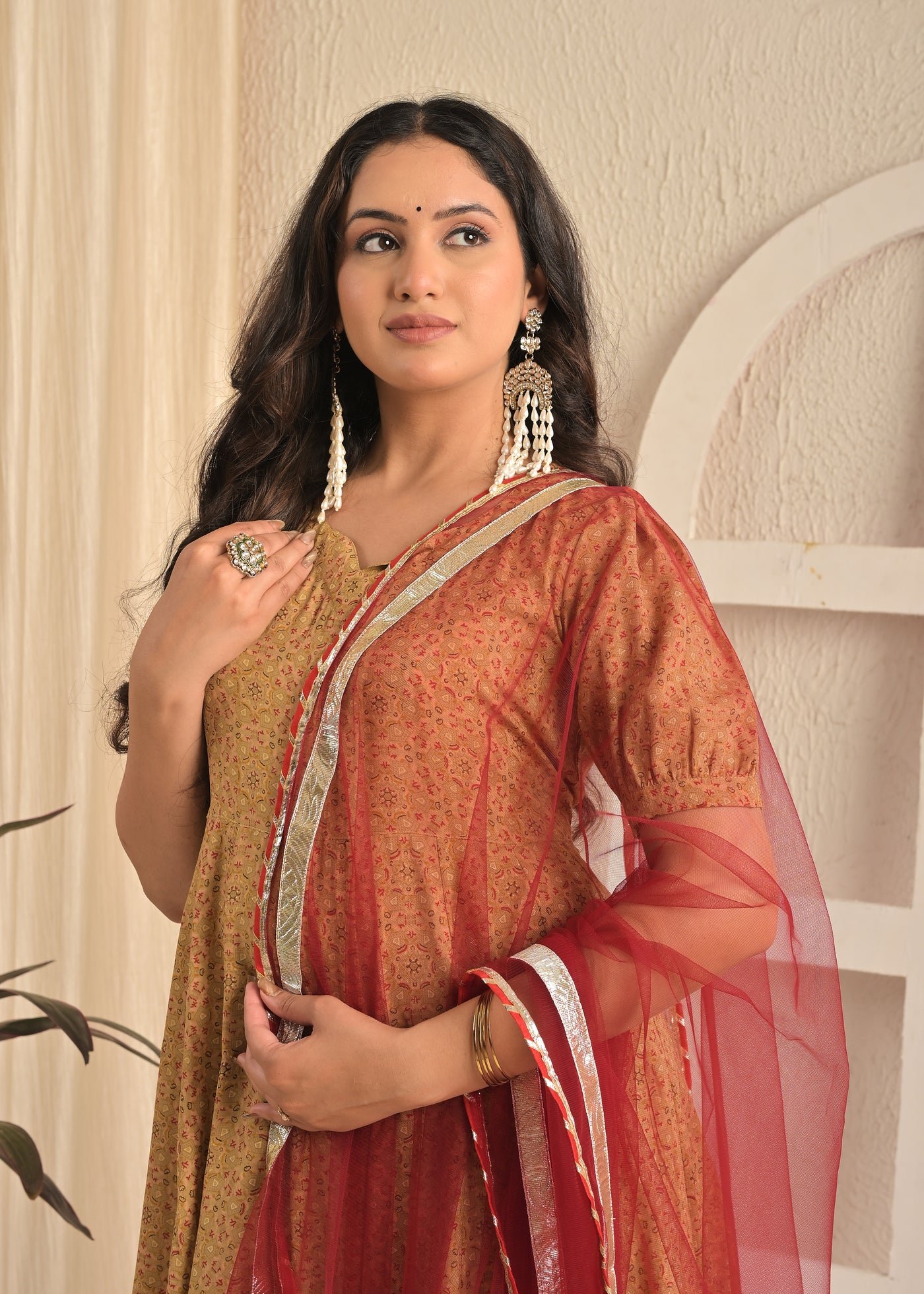Beige Blossom Printed Anarkali Sharara Set with Red Dupatta