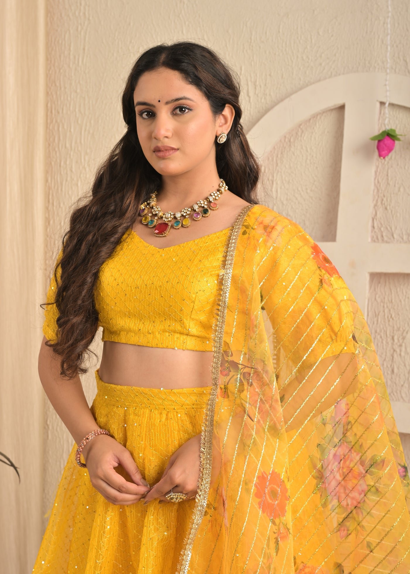 Golden Marigold Organza Sequin Embroidered Lehenga Set with Floral Dupatta