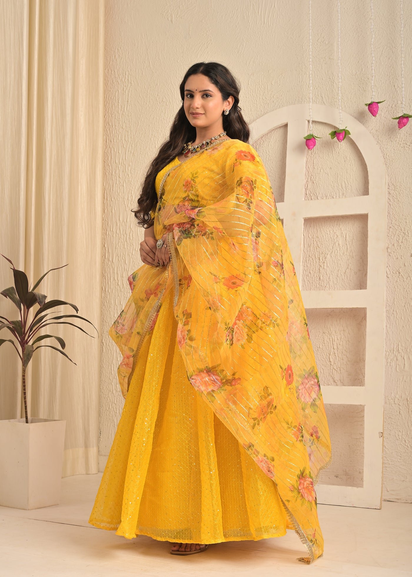 Golden Marigold Organza Sequin Embroidered Lehenga Set with Floral Dupatta