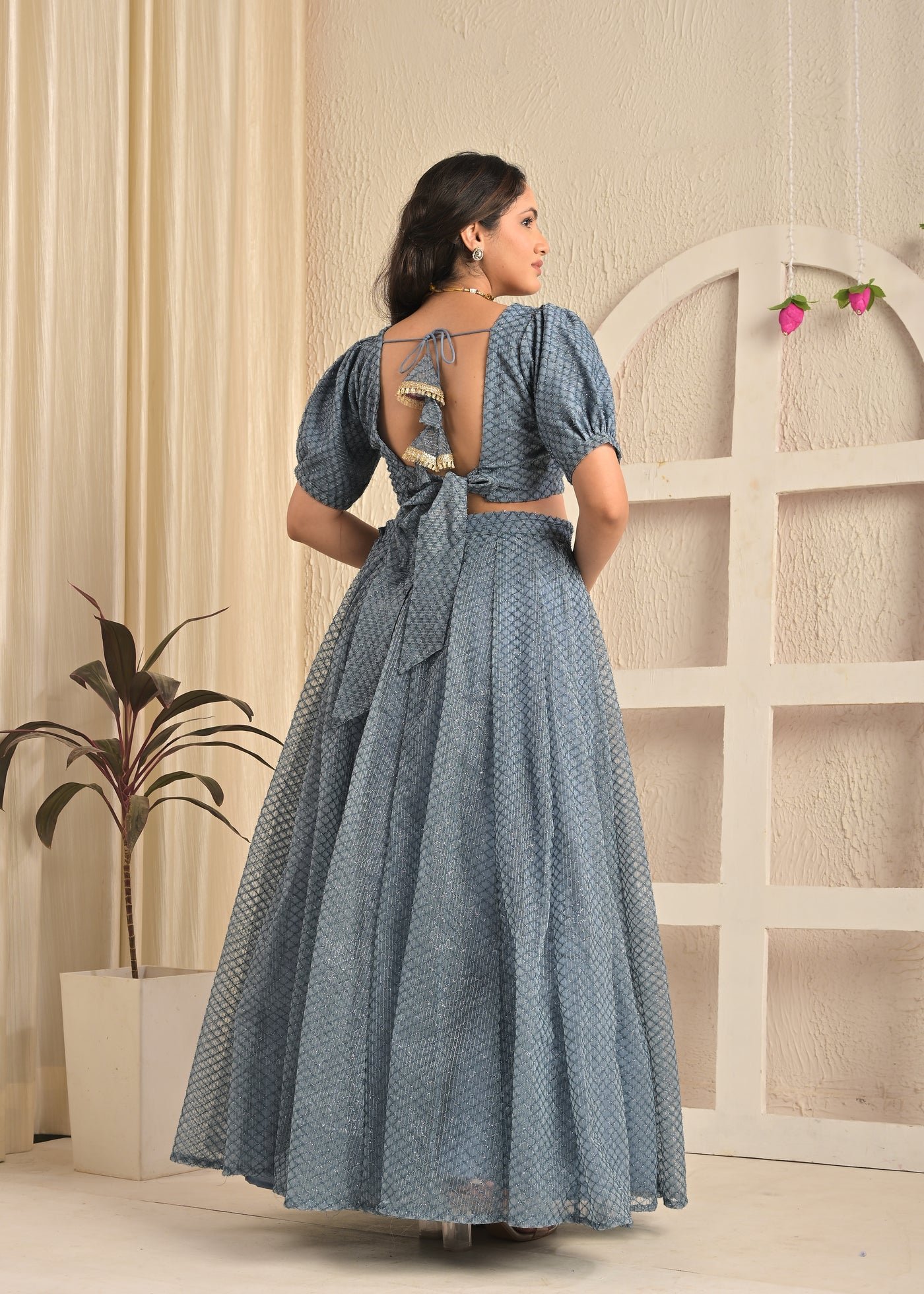 Smoky Blue Net Sequin Embroidered Lehenga Set with Floral Dupatta