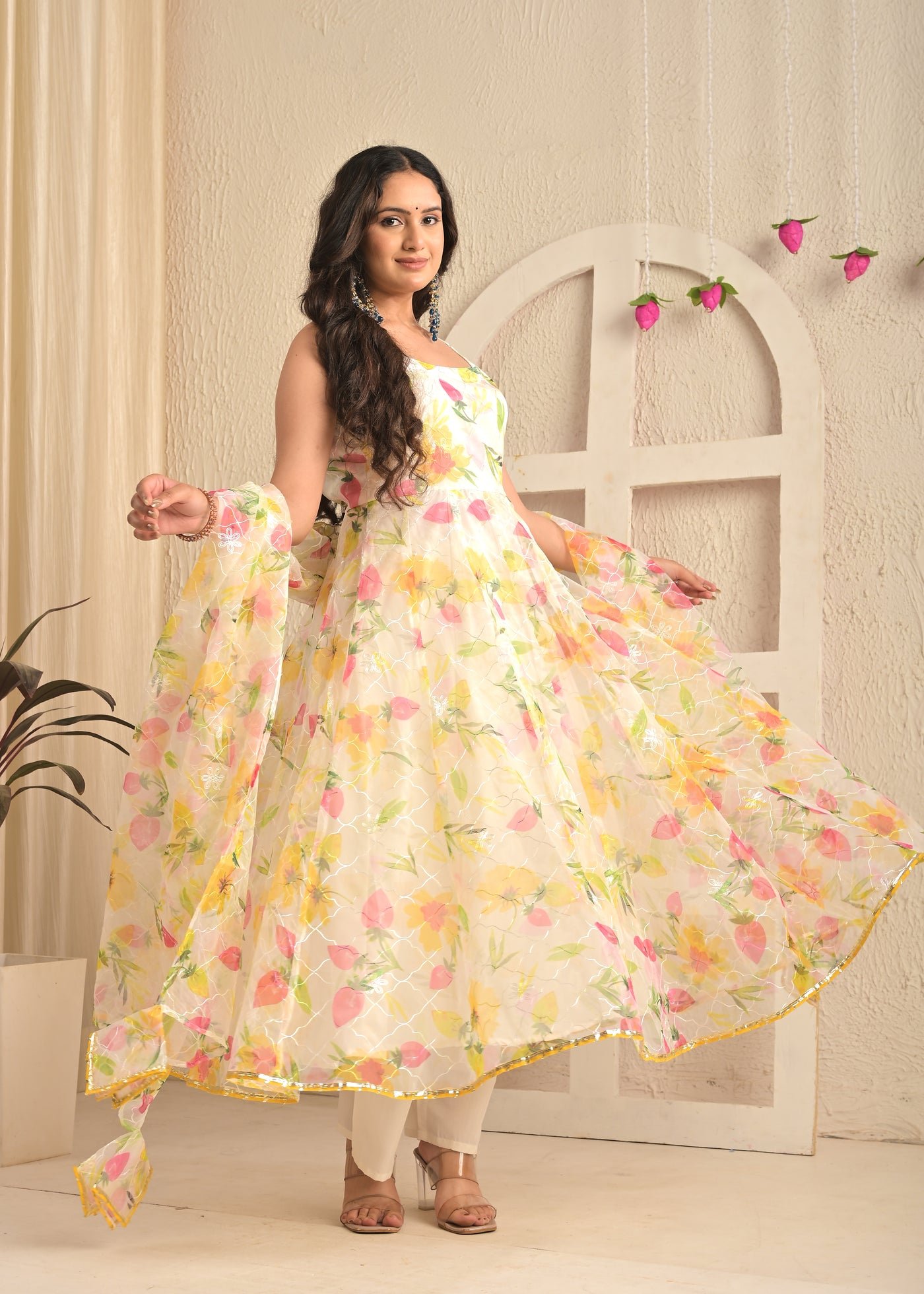 Ivory Bloom Organza Floral Anarkali Set with Dupatta