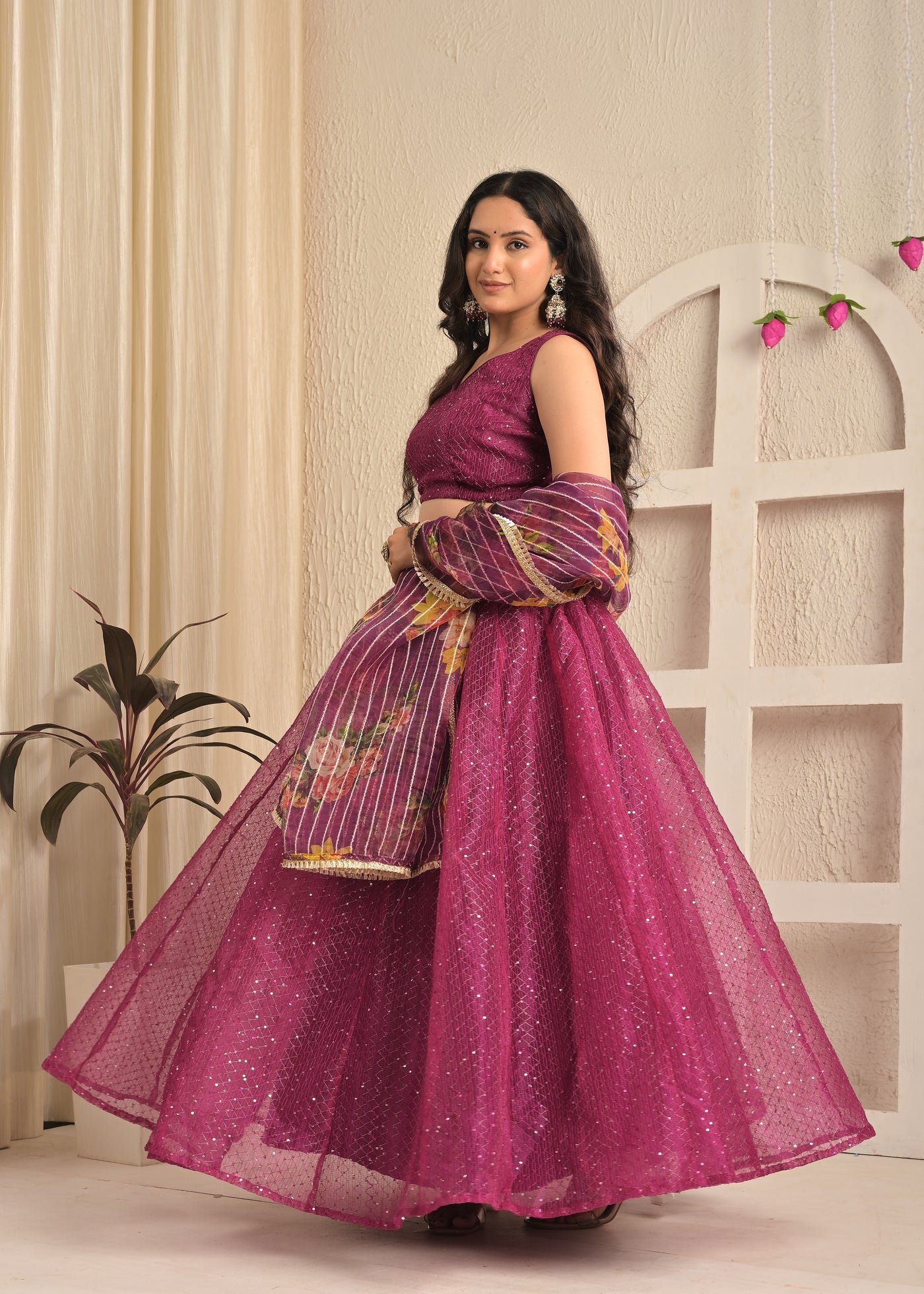 Viscose Organza Sequin Embroidered Lehenga Set with Floral Dupatta