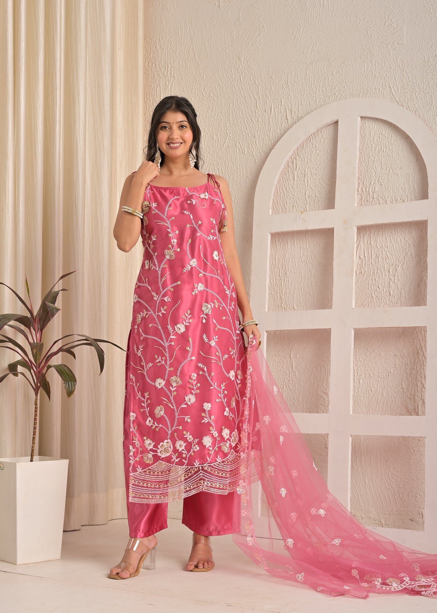 Rose Blush Organza Thread Embroidered Kurta Set with Pant and Dupatta