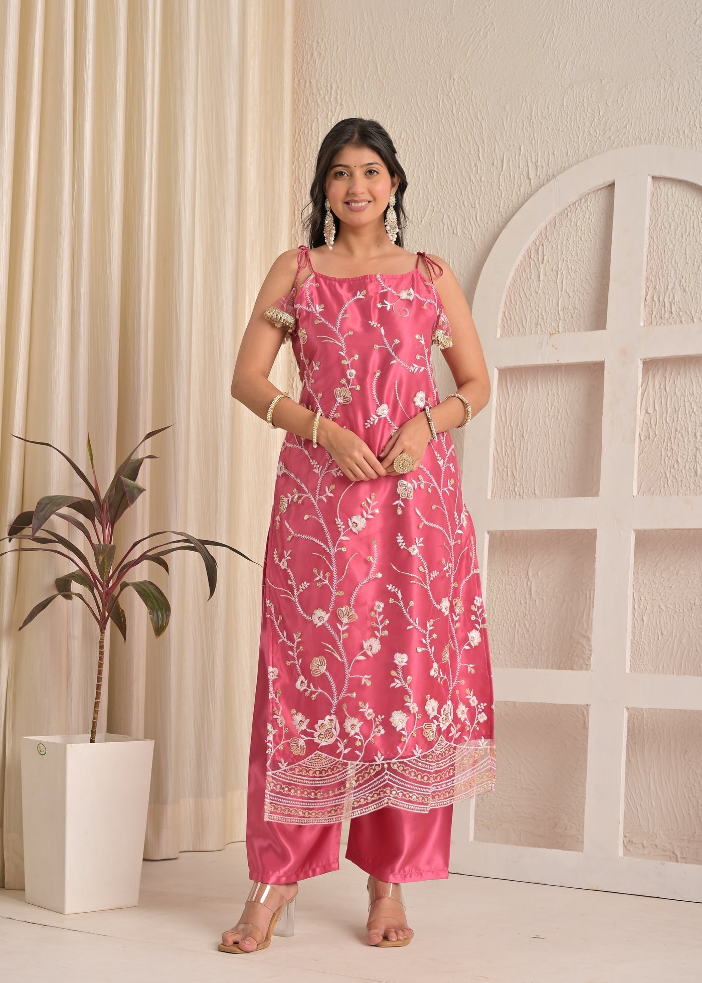 Rose Blush Organza Thread Embroidered Kurta Set with Pant and Dupatta
