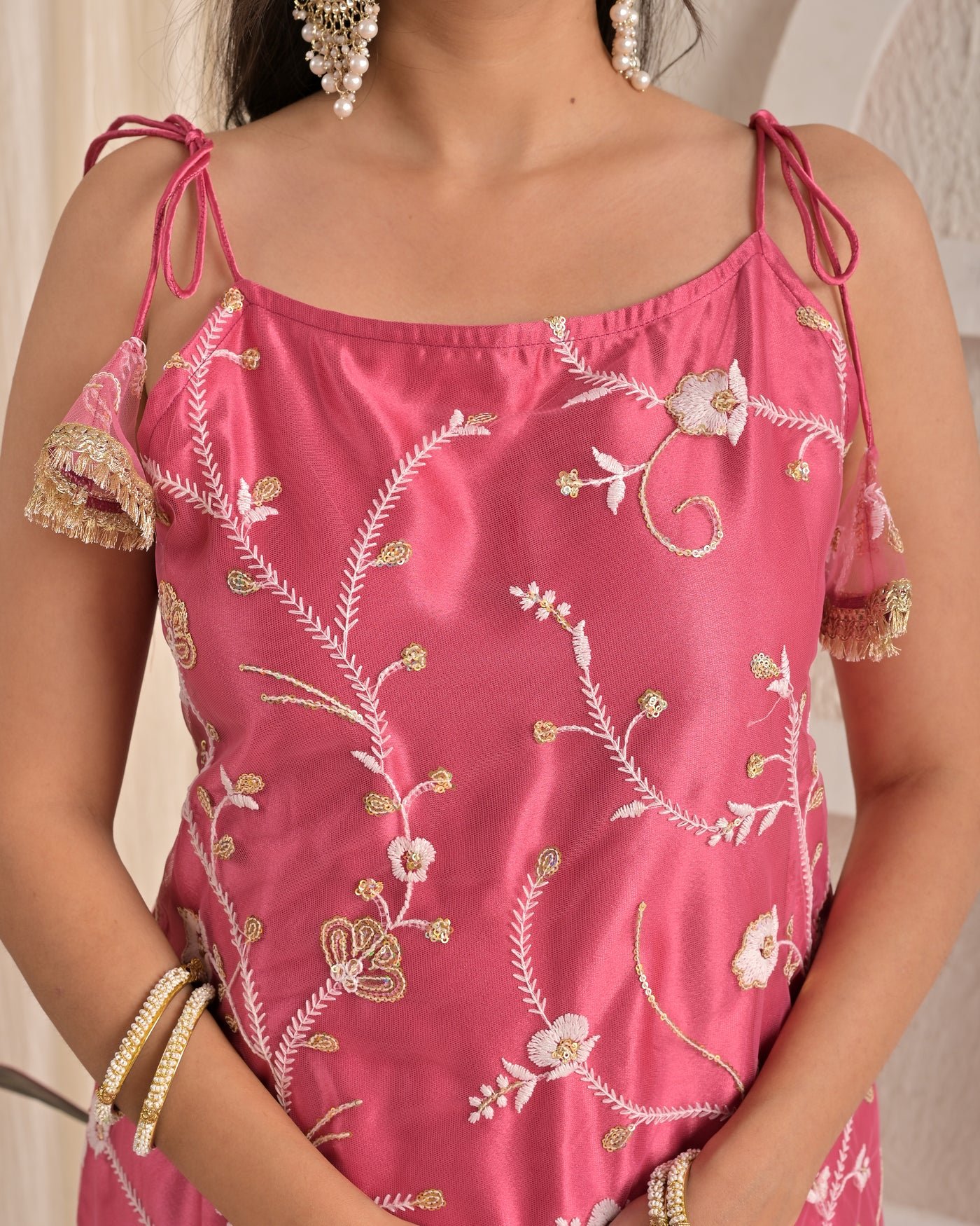 Rose Blush Organza Thread Embroidered Kurta Set with Pant and Dupatta