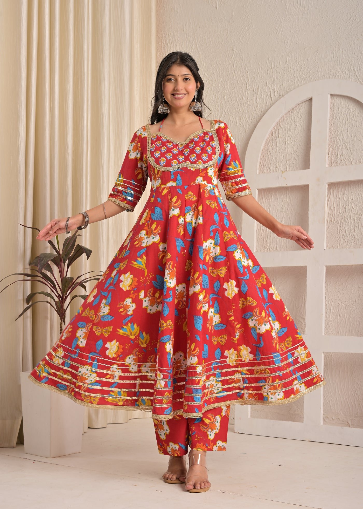 Red Blossom Cotton Printed Anarkali Set with Dupatta