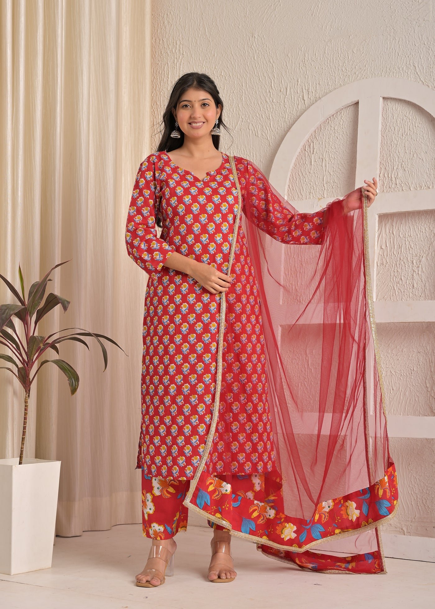 Red Floral Cotton Printed Kurta Set with Net Dupatta