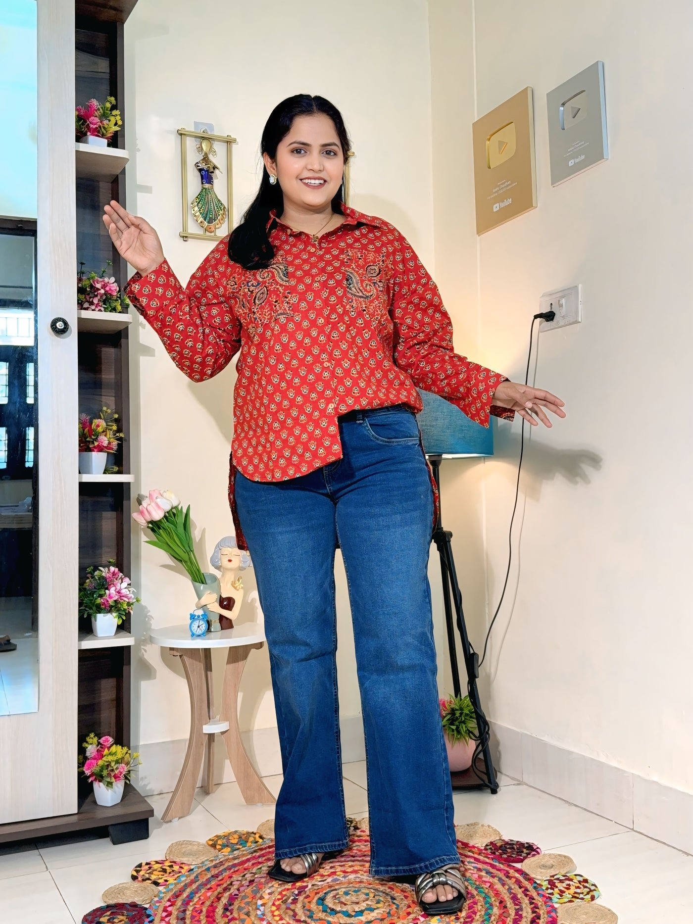 Rust Red Ajrakh-Inspired Cotton Printed Oversized Shirt