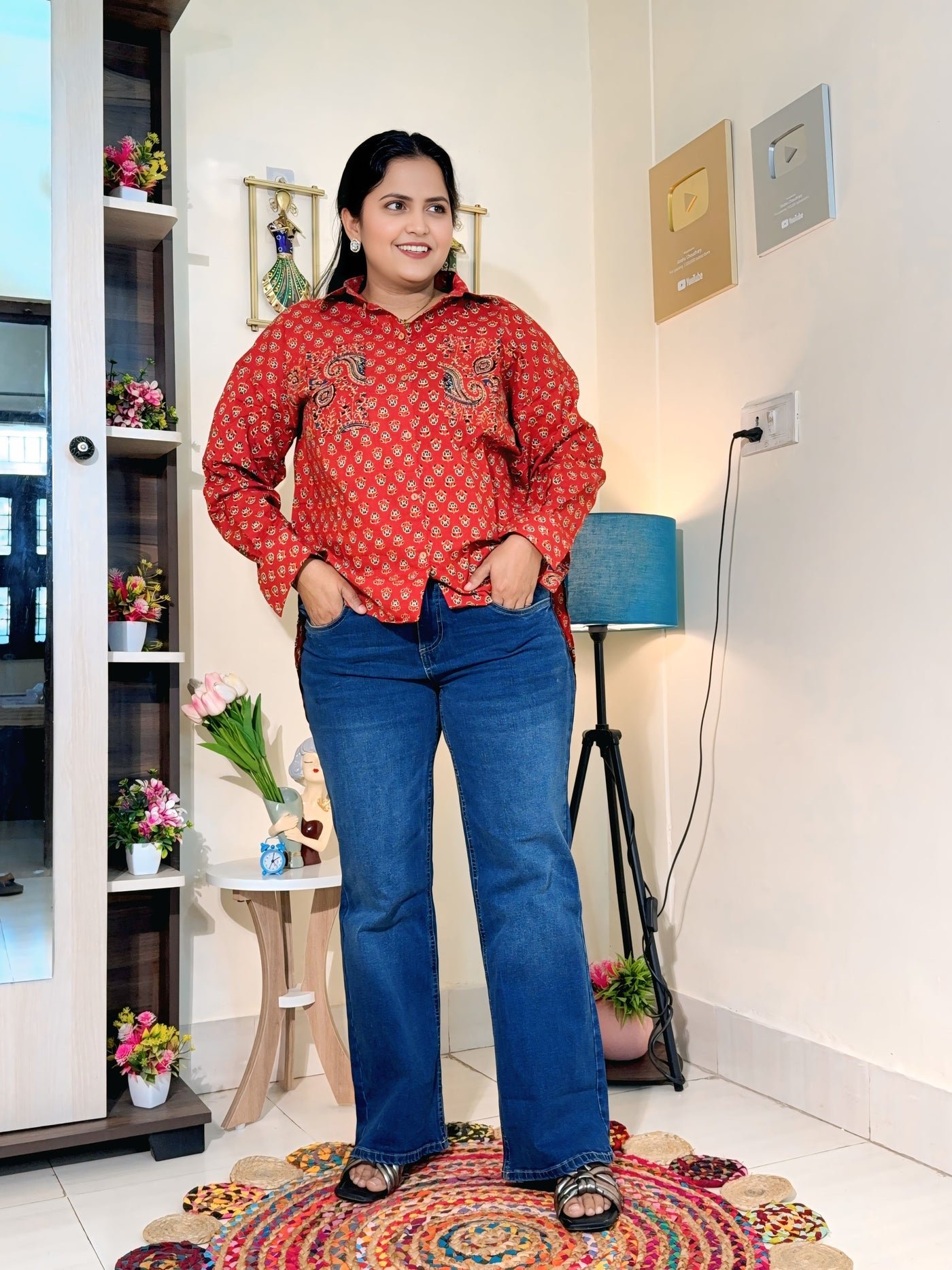 Rust Red Ajrakh-Inspired Cotton Printed Oversized Shirt
