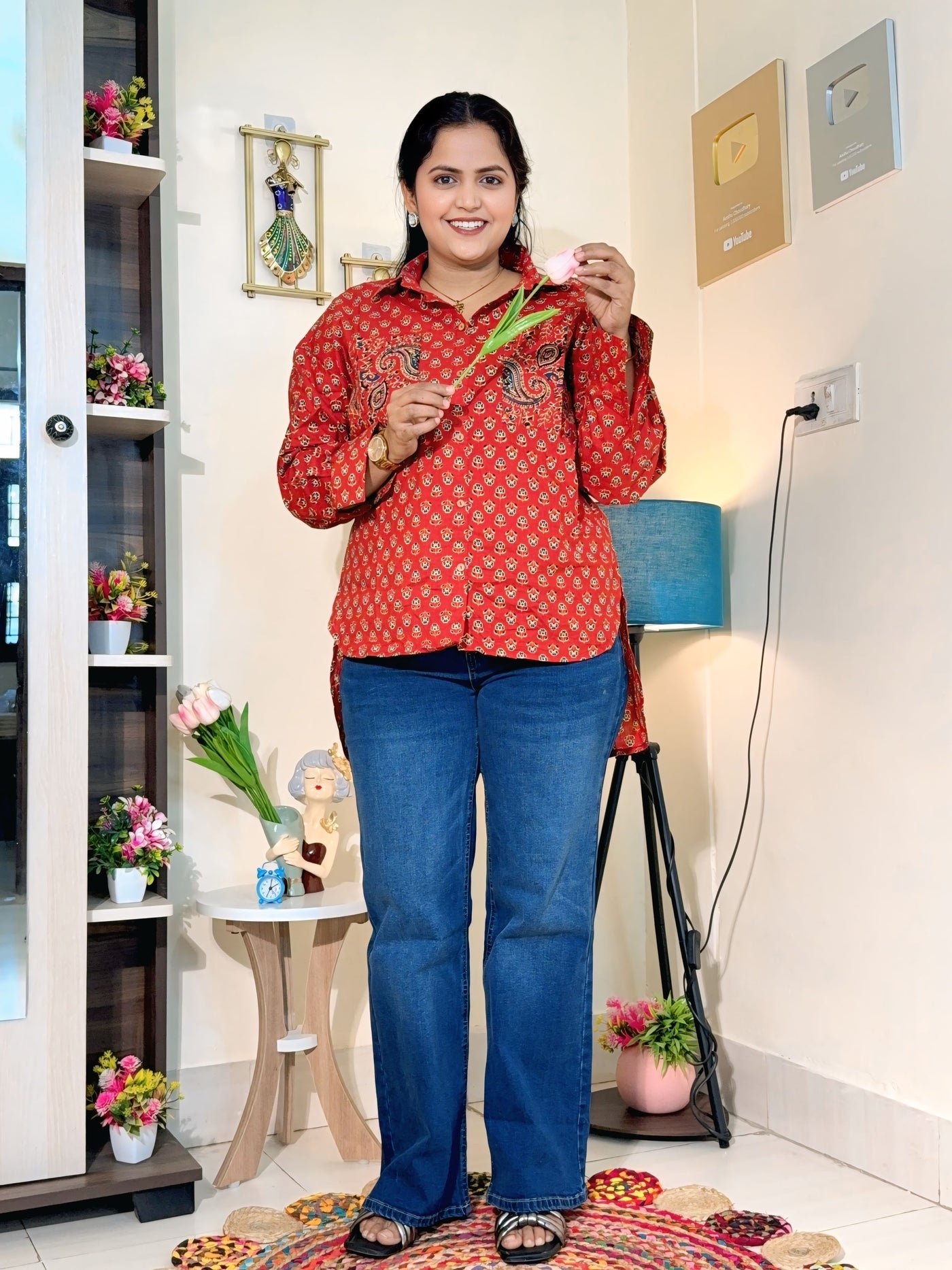 Rust Red Ajrakh-Inspired Cotton Printed Oversized Shirt