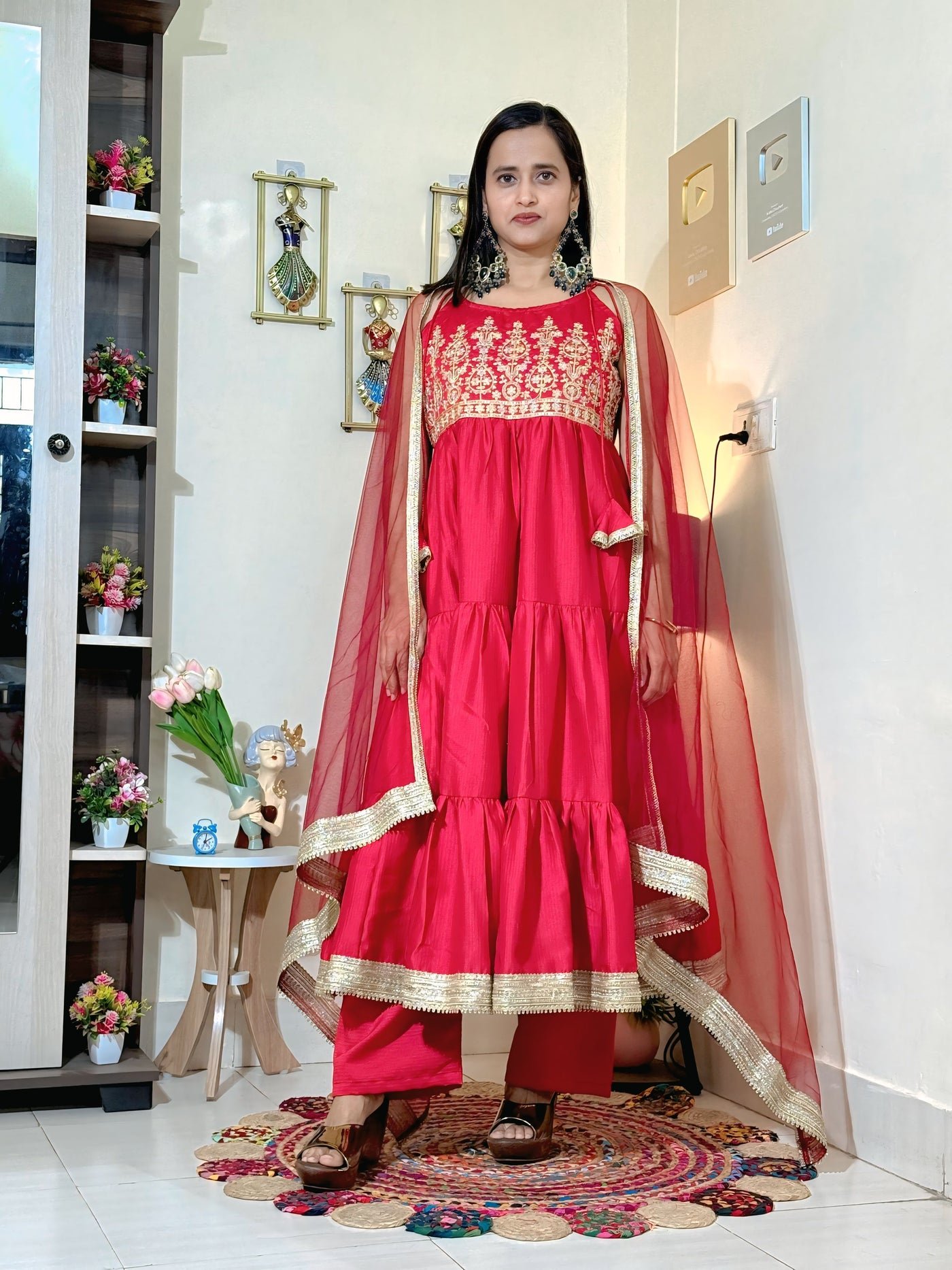 Crimson Red Barlin Heavy Coding Embroidered Kurta Pant Set with Dupatta