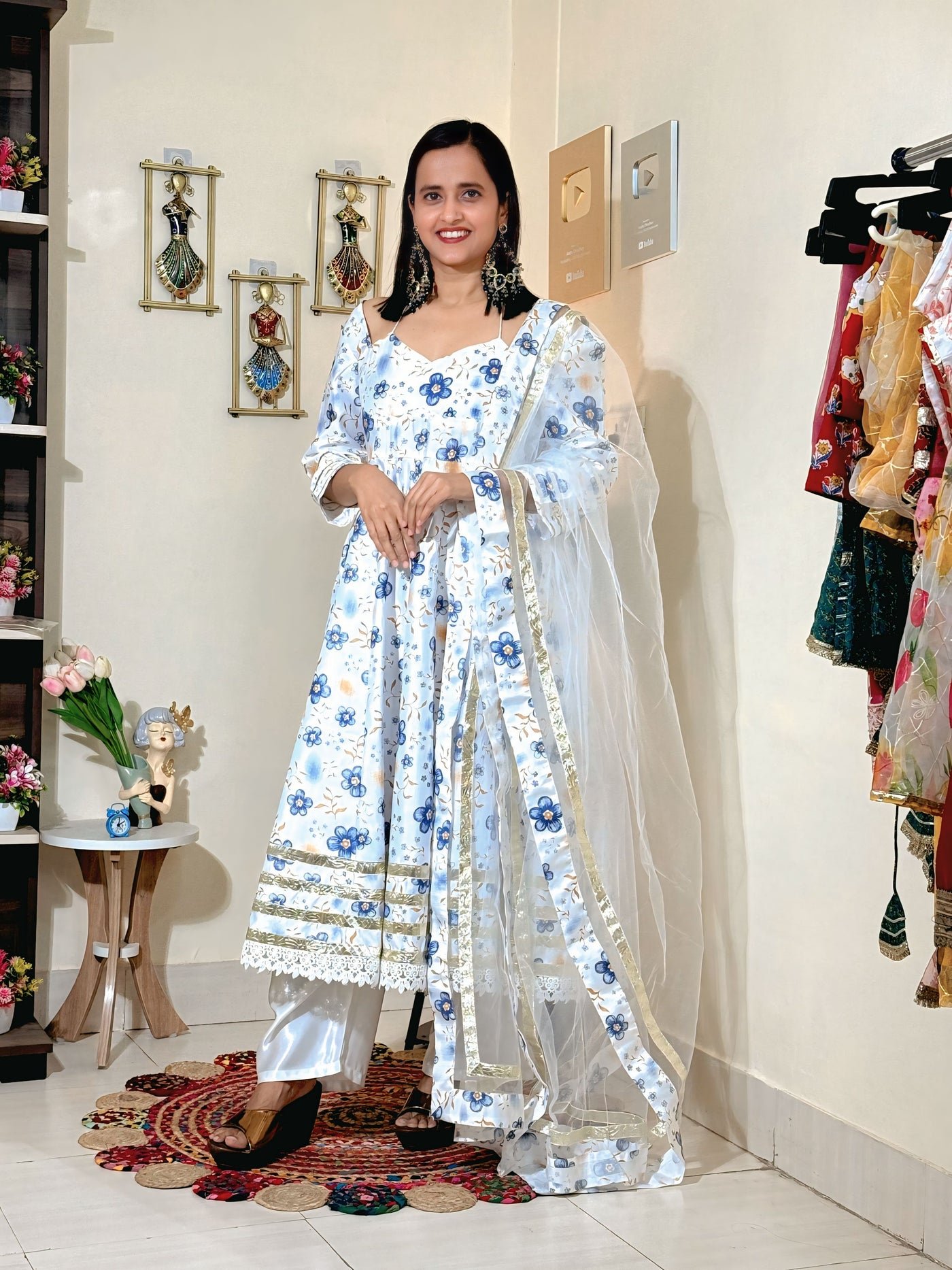 Powder Blue Floral Barlin Foil Print Anarkali Set with Fine Net Dupatta
